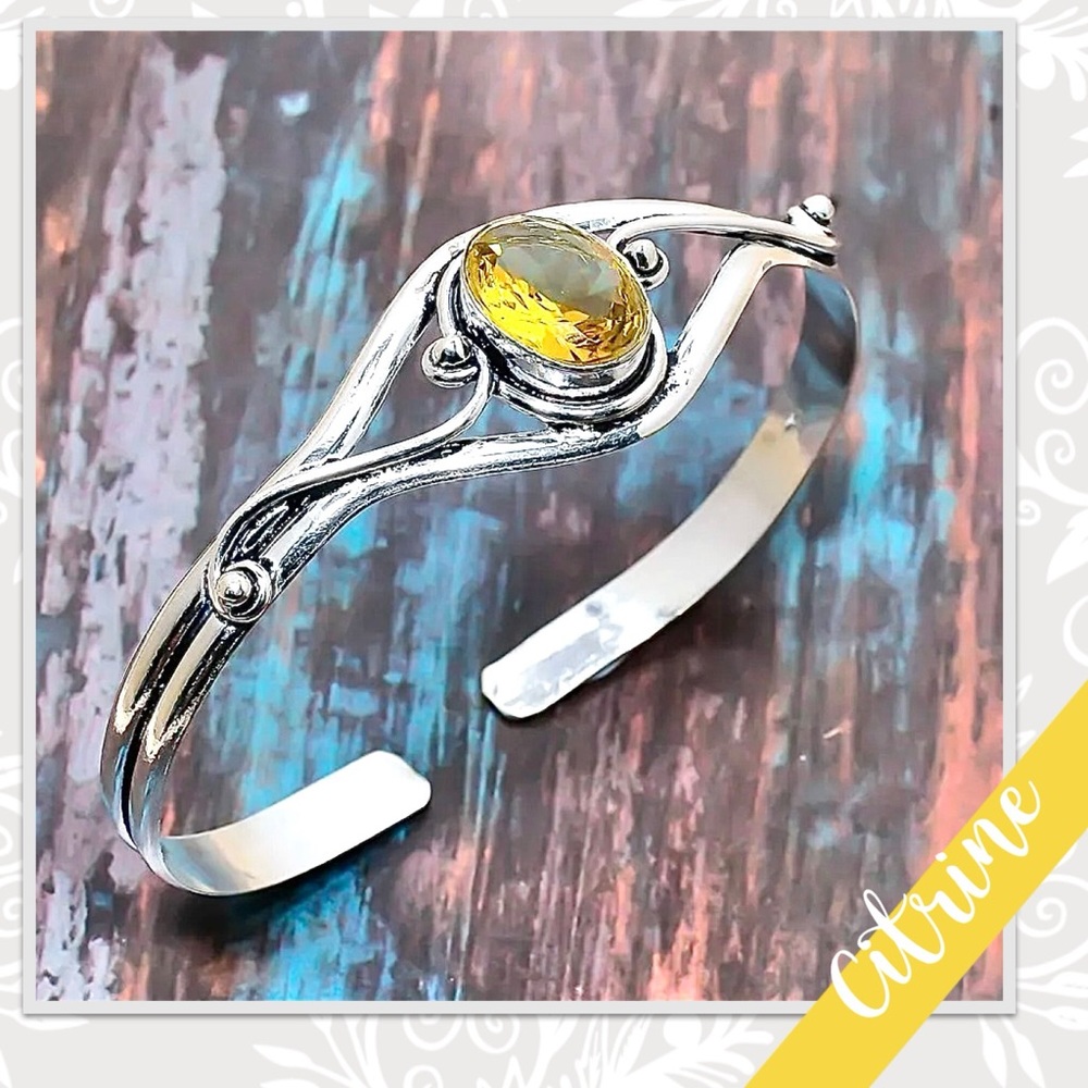Citrine Eclectic Silver Artisan Cuff Bangle Bracelet (Yellow) - Picture 2 of 3